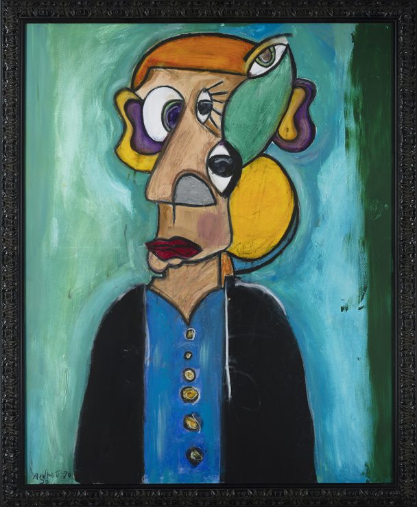 A painting of a person with abstract features.